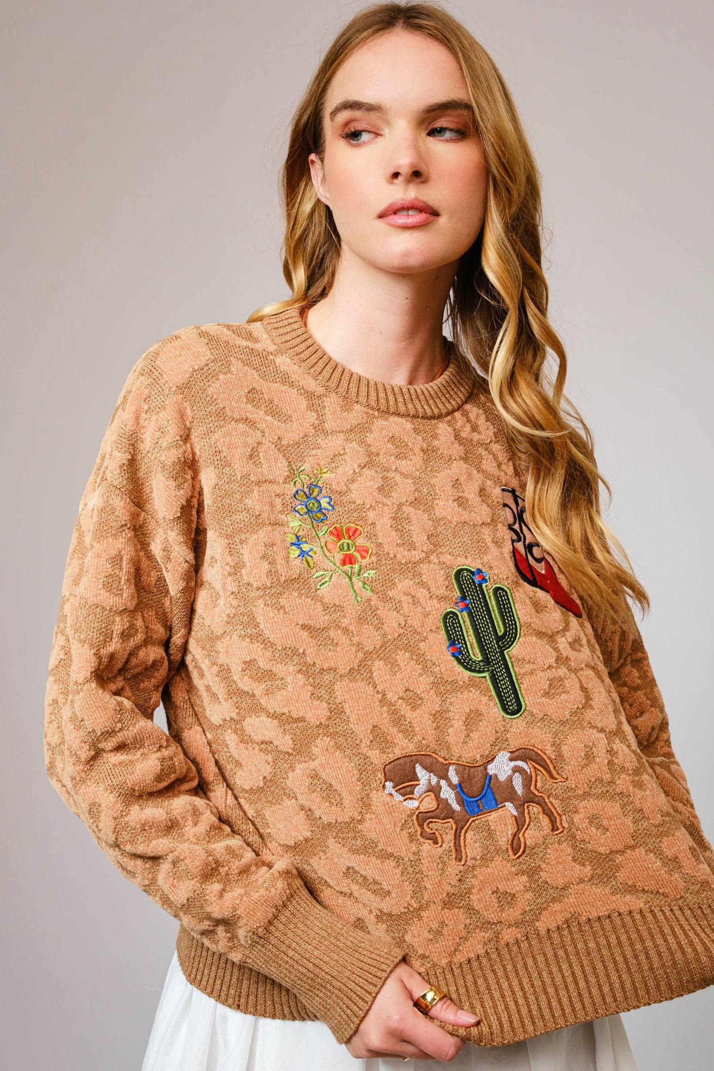 Leopard Western Patch Crewneck Sweater