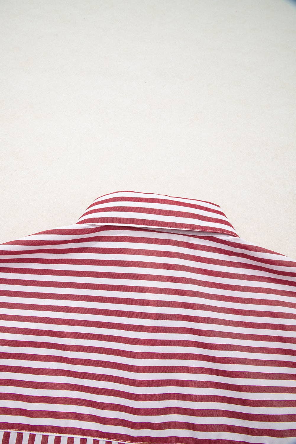 Red Stripe Patched Pocket Side Slit Loose Shirt