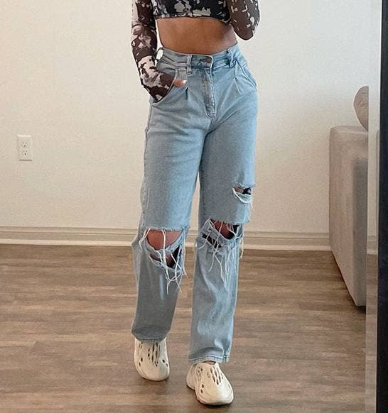 High-Rise Ripped Wide-Leg Denim Trousers