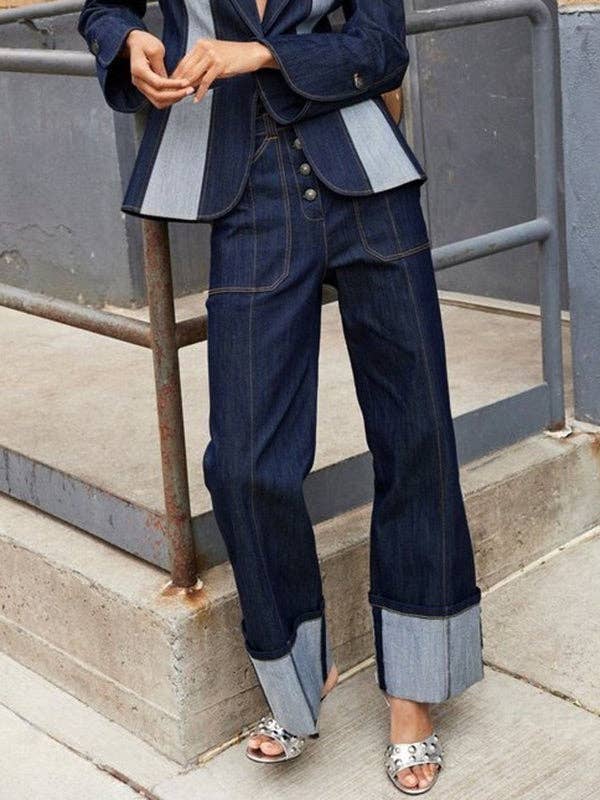 High Waist Straight Contrast Split Jean Pants