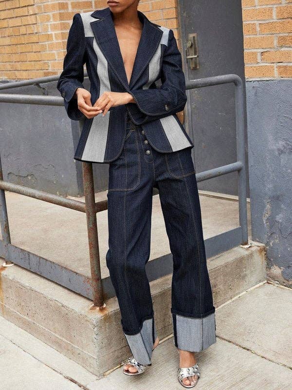 High Waist Straight Contrast Split Jean Pants
