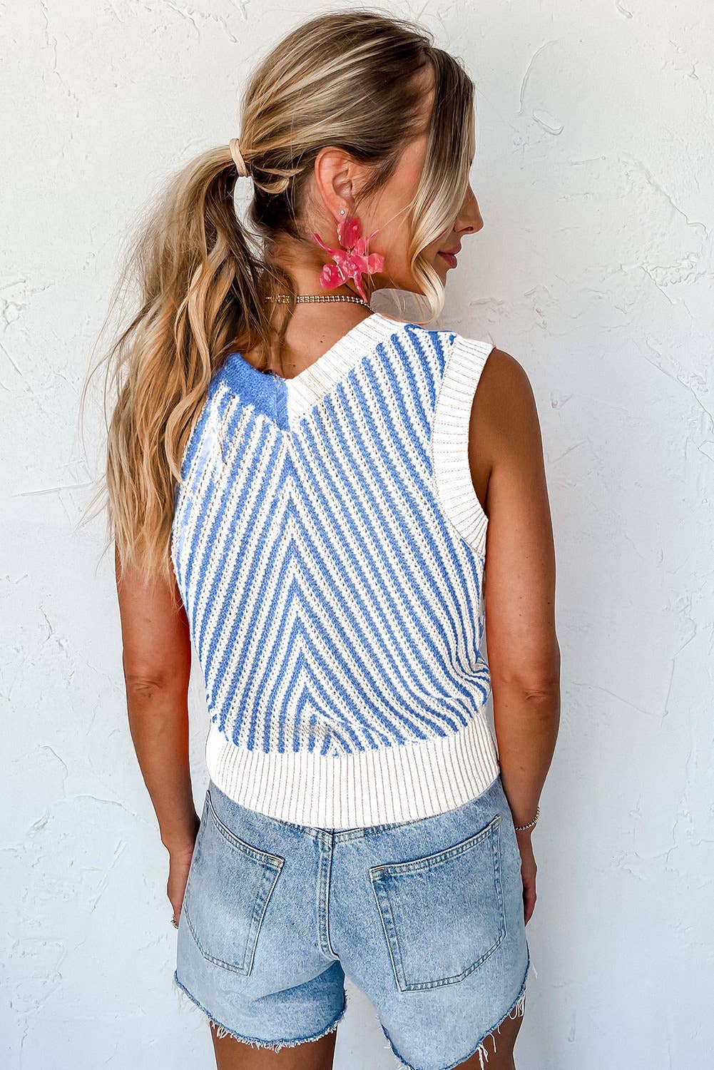 Strawberry Pink Contrast Chevron Knit V Neck Sweater Vest