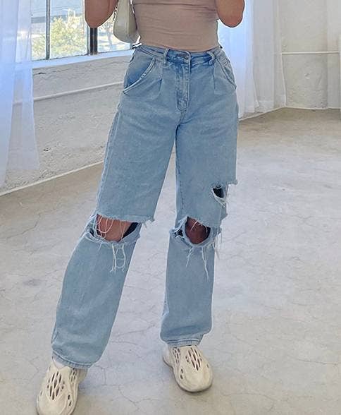 High-Rise Ripped Wide-Leg Denim Trousers