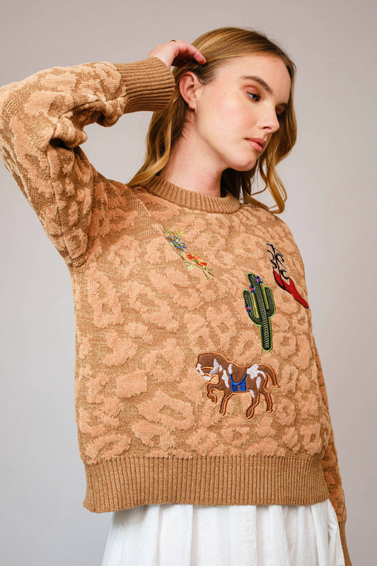 Leopard Western Patch Crewneck Sweater