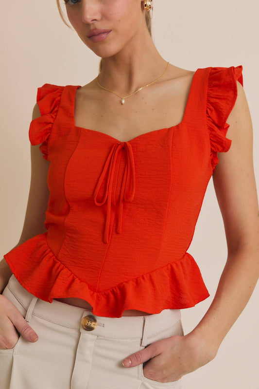 SWEETHEART NECK FRONT TIE RUFFLE SLEEVE TOP