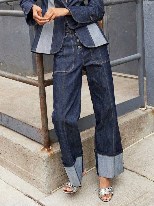 High Waist Straight Contrast Split Jean Pants