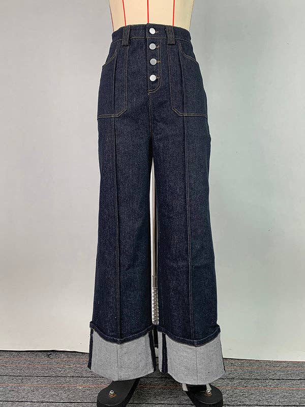 High Waist Straight Contrast Split Jean Pants