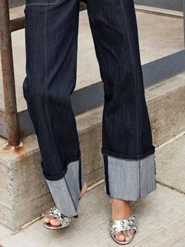 High Waist Straight Contrast Split Jean Pants