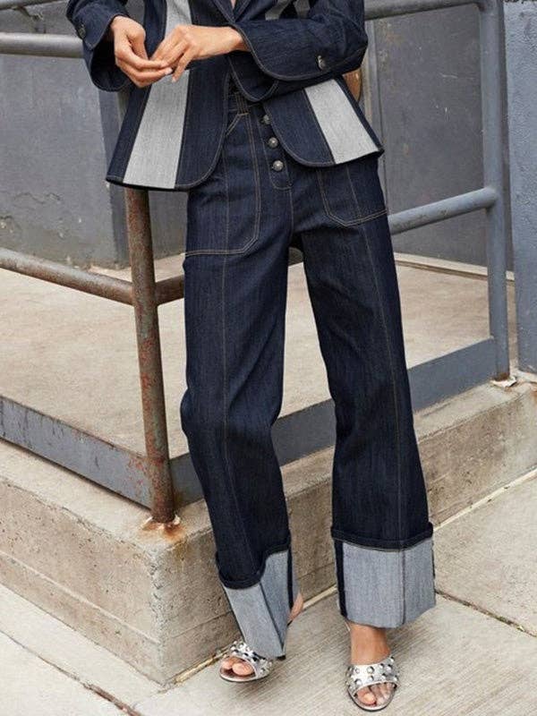 High Waist Straight Contrast Split Jean Pants